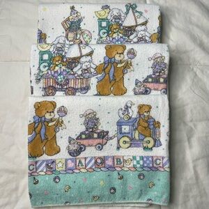 Vintage Riegel Flannel Receiving Baby Blankets Set of 3 Teddy Bear Train Toys